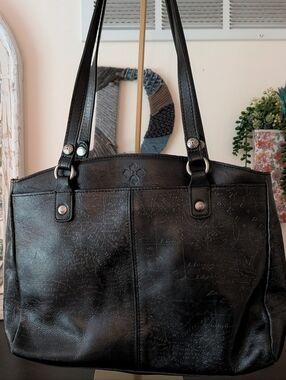 Patricia Nash Heritage Italian Map Leather Shoulder Bag - Black